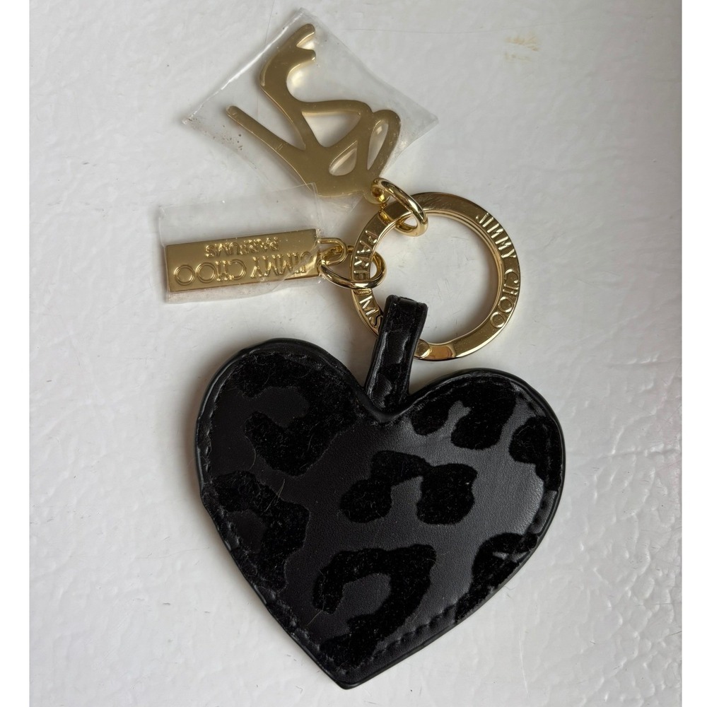 Jimmy Choo Parfums Black Leopard Heart Keychain Gold Stiletto Charm Accessory